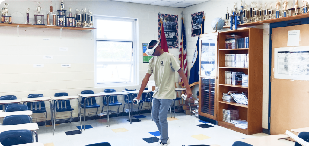 inspirit use case, boy wearing VR headset in classroom